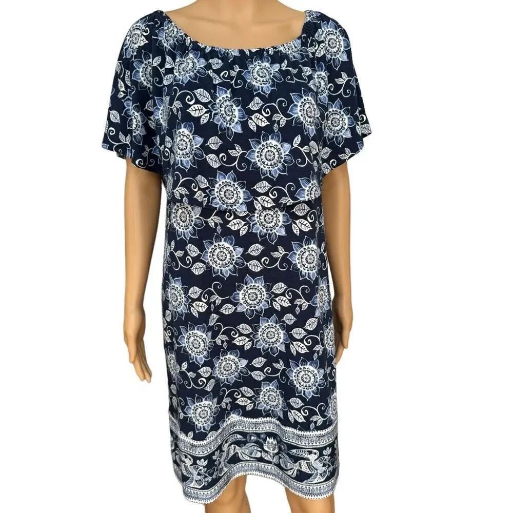 J. Jill Floral Off The Shoulder Dress Size M Blue w/ Pockets RUFFLE Stretch